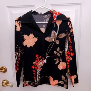 Vintage 70s Mardi Modes New York Floral Disco Collar Blouse Black Peach Small